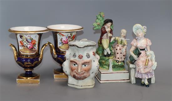 A small group of ceramics, including a pair of Derby style cobalt blue campana urns